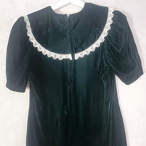 Vintage 80s Gunne Sax Green Velvet Midi Dress 7 Lace Bib Collar Flare Hem - Picture 9 of 12